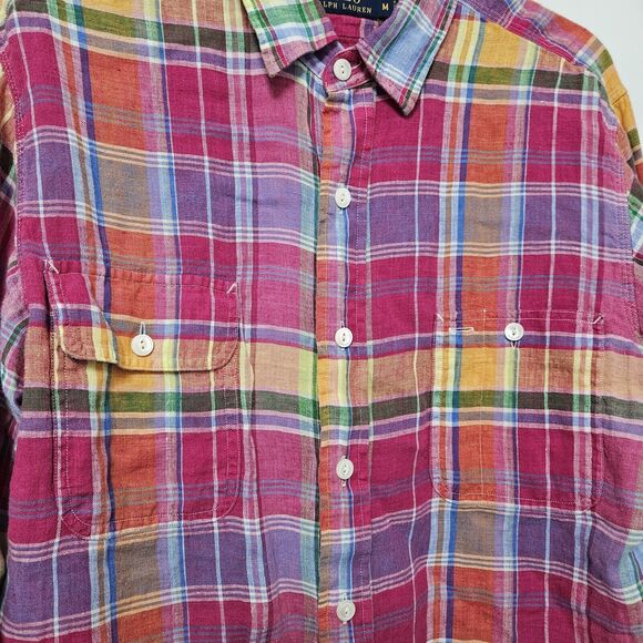 Polo Ralph Lauren Linen Shirt Men's Medium Plaid Colorful Button Up Long Sleeves - Picture 4 of 8